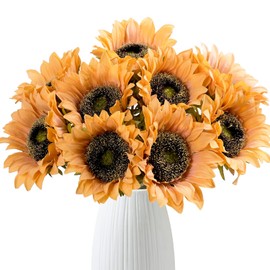 Hawesome - Ramo de girasoles de seda sintética, 7 piezas, diseño de girasoles de seda sintética, tacto real, tallos largos para bodas, fiestas, centros de mesa, decoración del hogar (amarillo otoño)