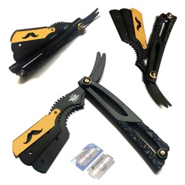 Professional Barber Black and Gold Straight Edge Razor Multipurpose Shaving Tool Haircutting, Eyebrow Trimming, Beard Shapeup Tool + Free Blades