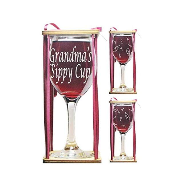 Grandma's Sippy Cup 360 Degrees Engraved Wine Glass with Charm