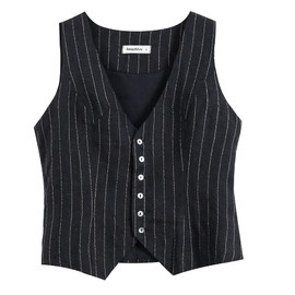 Amazhiyu Pure Linen Sleeveless Vest for Women Button Down V Neck Summer Waistcoat Stripe Navy Large