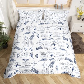 Aircraft Bedding Duvet Cover Set Kids Airplane Print Bedding Set Boys Girls Decor Aircraft Flying Comforter Cover Set Microfiber Sketch Style Blue White Bedspread Cover Bedroom Bedclothes Queen Size