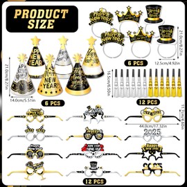 DPKOW New Year's Eve Decoration 2025, 36 Pieces Happy New Year Headband New Year's Eve Party Hats Glasses, New Year's Eve Headpiece Fringe Blower, Black Gold Silver New Year's Eve Party Accessories