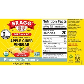 BRAGG Vinagre De Manzana Gourmet Orgánico Con Miel, Piña y Cúrcuma Con "La Madre" 473 ml