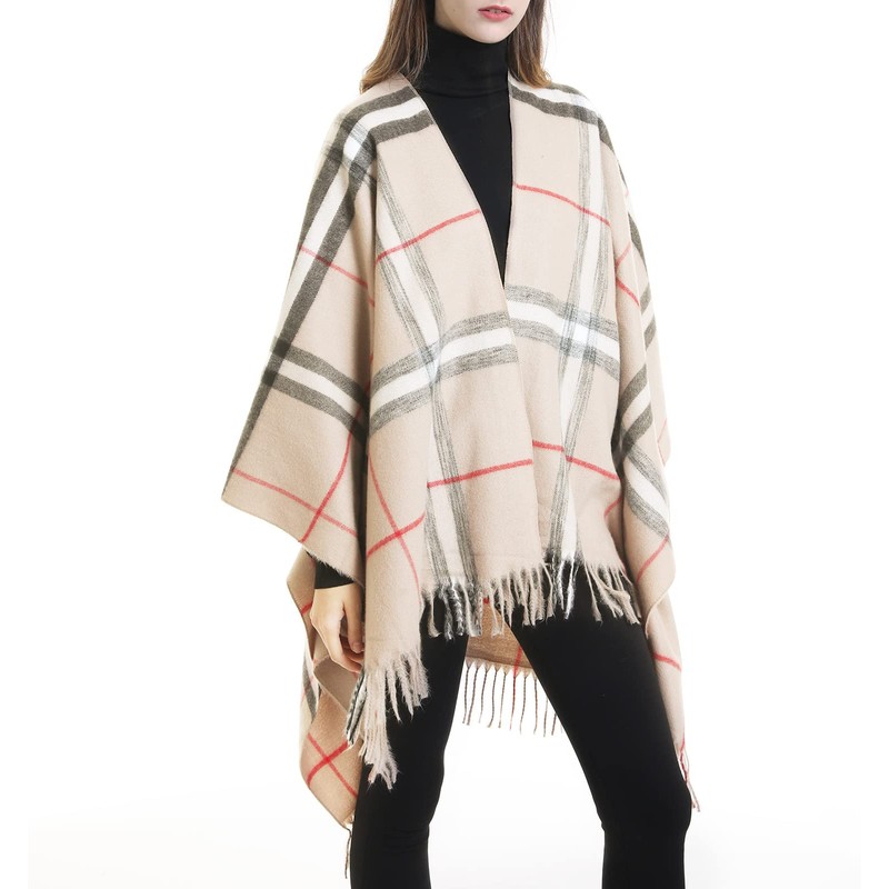 Danfiki Women's Cashmere Feeling Knitted Poncho Cape Cardigan, Double grid