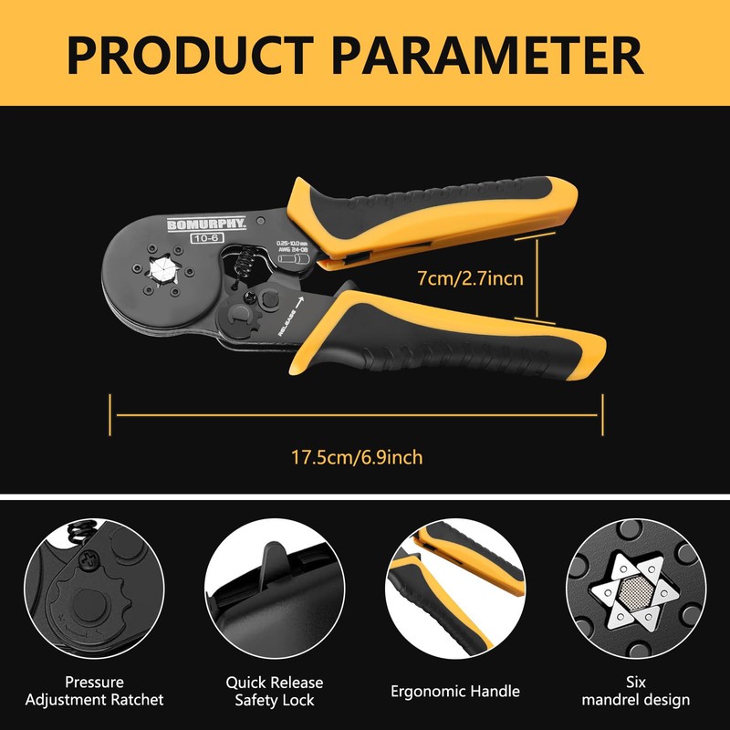Ferrule Crimping Tool Kit with Wire Connectors, AWG24-8 Sawtooth Self-Adjustable
