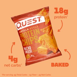 Quest Nutrition Nacho Cheese Tortilla Style Protein Chips, 18g Protein, 4g Net Carb, Low Carb, Gluten Free, 1.1 oz (Pack of 4)