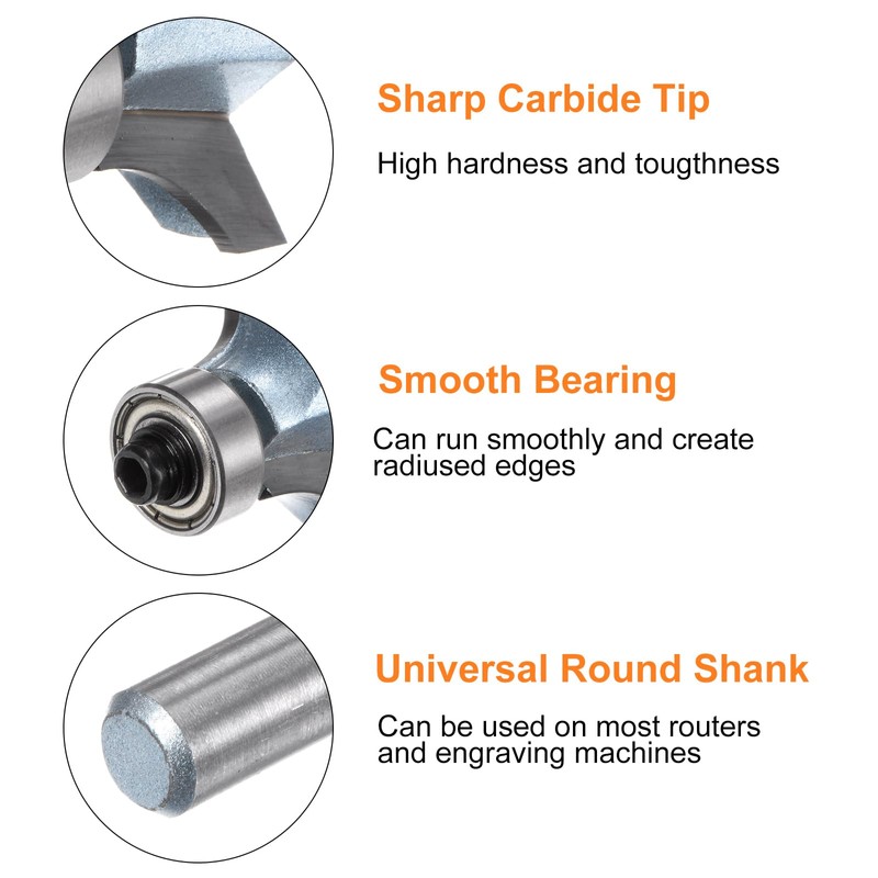 sourcing map Roundover Router Bit Set 1/4 Shank 3/16" 5/32"