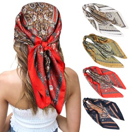 CHLINS 27 Inches Silk Feeling Square Head Scarf - 4 Pcs Satin Square Head Scarves for Women Hair Bandanas (Navy Blue+Off-White+Red+Olive Green)