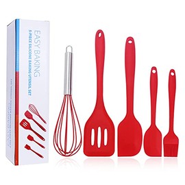 5 Pieces Non-Stick Food Silicone Kitchenware Utensils- Kids Cooking Sets - for Cooking Baking Mixing, Stirring-Ergonomic Dishwasher Safe（Red）