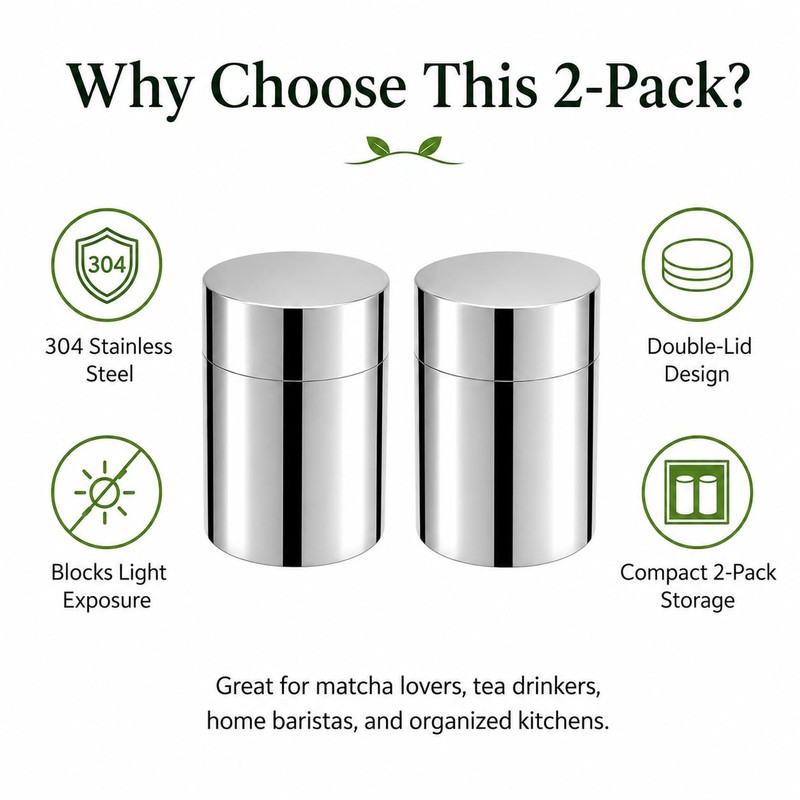 2 Pack Matcha Powder Storage Canisters, 304 Stainless Steel Tea