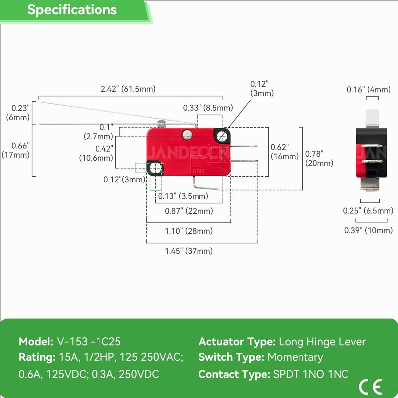 JANDECCN 10Pcs Lead Limit Switch Long Straight Hinge Lever, SPDT