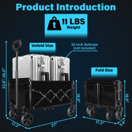 Collapsible Wagon Cart with Wheels Foldable: 360LBS Heavy Duty Folding Utility Wagon - Portable All Terrain Grocery Wagon Cart for Groceries Shopping Outdoor Camping Fishing Sports (Dark Black)