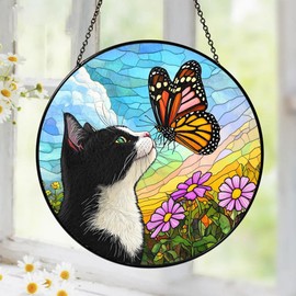 Tuxedo Cat Gifts, Black & White Cat Memorial Suncatcher Gift for Loss of Cats, Butterfly Stained Glass Suncatcher Window Hanging Garden Decor, Pet Loss Gift Christmas Sympathy Gifts for Women