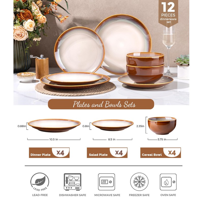 LERATIO Ceramic Dinnerware Sets for 4, Coupe Plates and Bowls