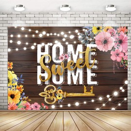 Rustic Home Sweet Home Key Housewarming Backdrop Banner Party Decorations | Floral Sweet Home Housewarming Party Backdrop Background Banner for Wall Decorations Photo Booth Props Supplies 71 x 49 inch