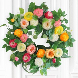 24" Spring Summer Wreaths for Front Door,Persian Buttercup Wreath, Austin Rose, Eucalyptus，Vivid Artificial Floral Wreath for Wall Window Farmhouse Party Holiday Home Décor
