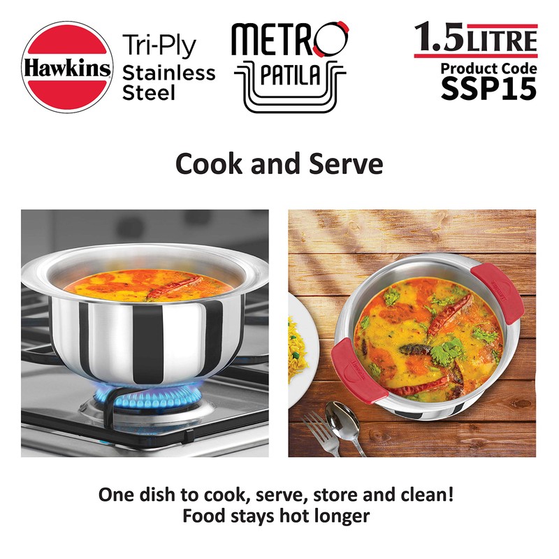 Hawkins 1.5 Litre Metro Patila, Triply Stainless Steel Tope, Induction