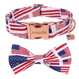 PTDECOR American Flag Dog Collar with Bow Tie, Adjustable Patriotic 4th of July Pet Collars for Small Dogs (Small)