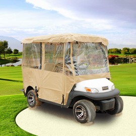Golf Cart Covers 4 passenger , 300D High Duty Golf Cart Cover with 6 Zipper, 88''Length Extended Roof All-Weather 4-Side Transparent PVC Windows, For EZGO Yamaha Club Cart, with Storage Bag (Khaki)