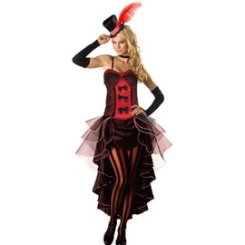 Forever Young Red Burlesque Moulin Rouge Fancy Dress Can Can Girl Costume Outfit + Hat & Glove, Black, UK size 8