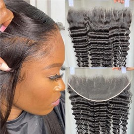 Topnormantic 13x6 Lace Frontal Deep Wave, Invisible HD Transparent Swiss Lace Frontal Pre Plucked with Baby Hair 12A Grade Brazilian Human Hair with Small Single Knots Free Part 12 Inch