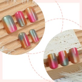 Cat Eyes Press on Nails Medium Square Fake Nails with Green Pink Orange Gradient Designs Glossy Glue on Nails Cute Acrylic Nails Fall Winter False Nails Artificial Stick on Nails for Women 24Pcs