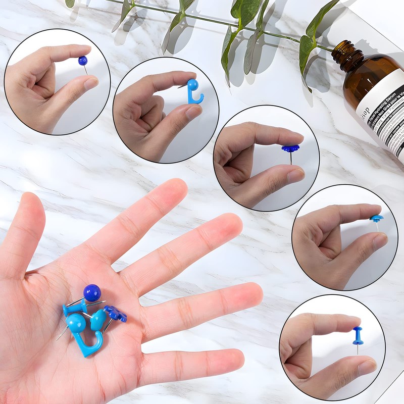 VAPKER 215Pcs Blue Push Pins Set,Hook Push Pins,Round Head Map