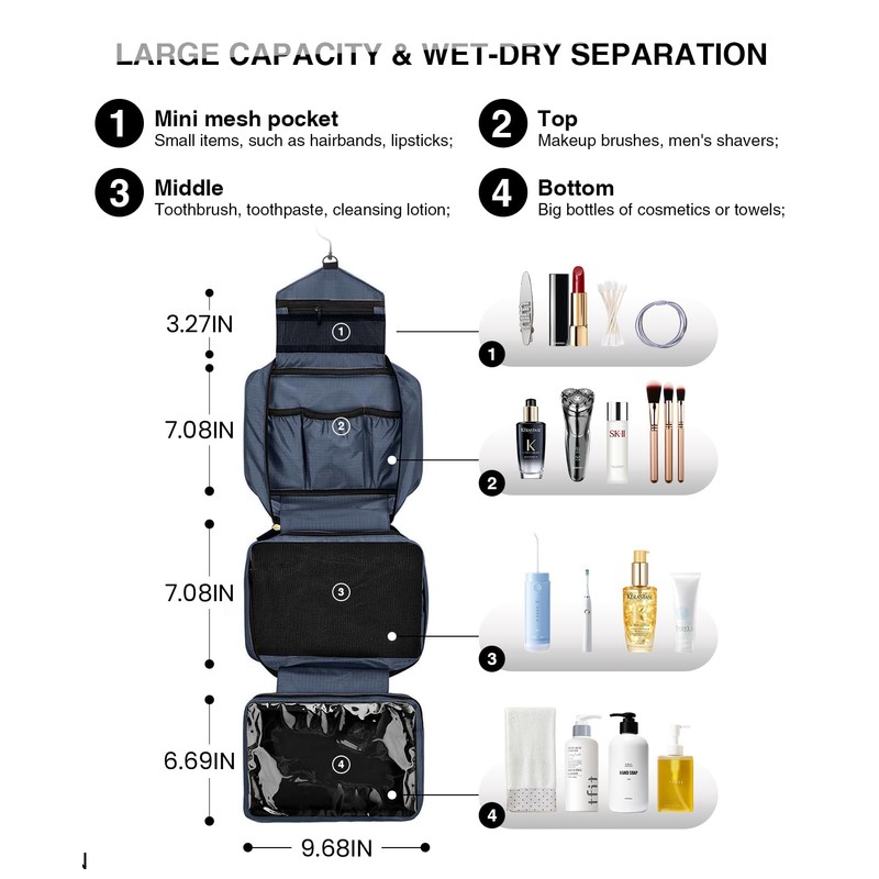 Travel Toiletry Bag for Women Men - Portable Large Hanging