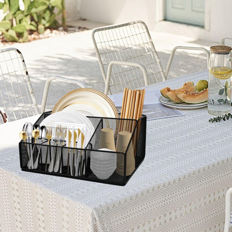 Mowhut Utensil Holder,Silverware Organizer Countertop,Paper Plate Dispenser with 6 Compartments,Metal