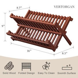 VERTORGAN Teak Dish Drying Rack,Folding Collapsible Drainer Plate Organizer Holder for Kitchen,Foldable Spice Rack for Countertop and Cabinet,Pantry Organization and Storage