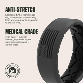 Groove Life Zeus Hero America Deep Stone Grey Ring - Breathable Silicone Wedding Rings for Men, Lifetime Coverage, Unique Design, Comfort Fit Ring - Size 8