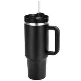 MOYAC Vaso Térmico 40 oz con Asa, Termo al Vacío de Acero Inoxidable con Pajita, para Mantener Agua, Té, Vino, Café Frío y Caliente (Negro)