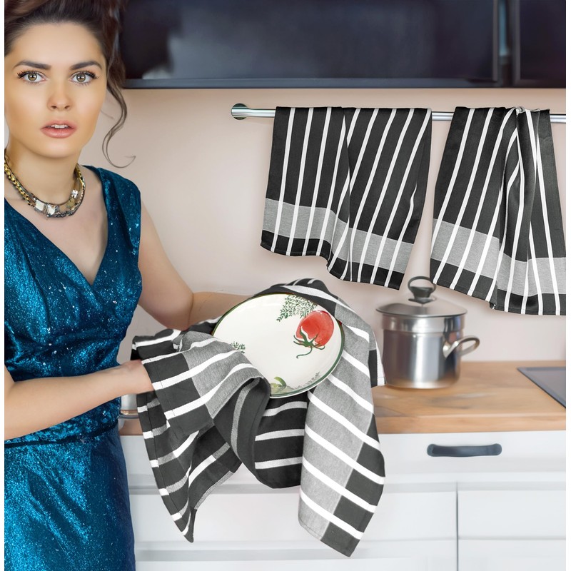 Lashuma Tea Towels Cotton Set, Dry Towels Striped Black -