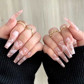 Allereya Coffin Press On Nails Shiny Nude Cloud Fake Nails Extra Long Party Prom Pink Clip On Nails Full Cover Acrylic Nails Tips Nails For Women And Teenagers Girls 24 Pieces