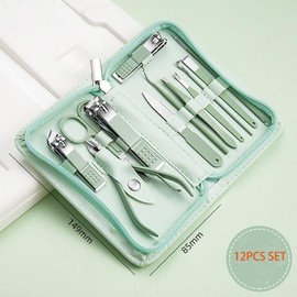 Facial,Hand and Foot Care 16pcs Set, Nail/Pedicure C/Cuticle Clippers, Nail File, Remover, Ear Spoon, Cleaner, Eyebrow Trimming, Eyebrow Trimming Clip, (Green) (RHYTHM-0026B16)