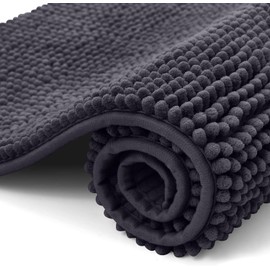 OLANLY Chenille Bath Mat, Non-Slip Bathroom Rug, Soft Bath Mat, Absorbent Bath Mat, Washable Shower Mat for Bathroom, 40 x 60 cm, Dark Grey