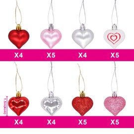 Ivenf Valentine's Day Decorations Heart Shaped Ornaments, 36 Pcs Red Pink Silver White Plastic Hanging Baubles, Tree Ball Heart Glitter Decor for Home Party Decorations Gift