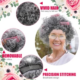 Berlune 6 Pcs Old Lady Costume Set for Women, Grandma Granny Costume Wig for Cosplay (Curly Hair, XX-Large)