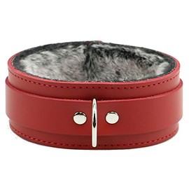 Arcadia Collar Handmade Premium Latigo Leather Luxurious Fur Choker (Red, Small)