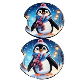 Penguin Winter Scene Neoprene Car Coasters, Set of 2