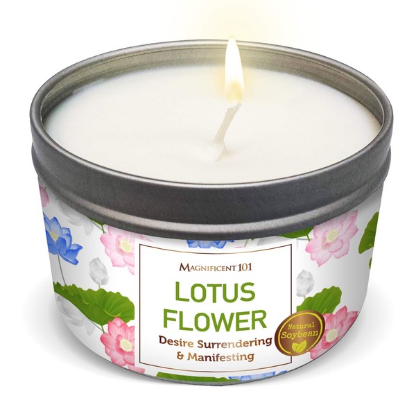 Magnificent 101 Long Lasting Lotus Flower Aromatherapy Candle | 6 Oz - 35 Hour Burn Time | Paraffin Free, All Natural & Organic Soy Wax Candle for Desire Surrendering, Manifestation & Purification