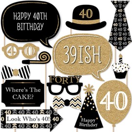 Adult 40th Birthday - Gold - Photo Booth Props Kit - 20 Count