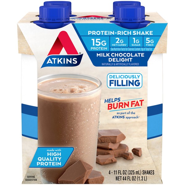 Atkins Milk Chocolate Delight Protein-Rich Shake. Rich and Creamy with Protein. Keto-Friendly and Gluten Free, 11 Fl Oz (Pack of 4)