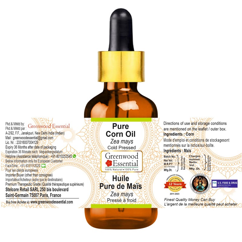 Greenwood Essential Natural Pure Corn Oil (Zea Mays) with Glass