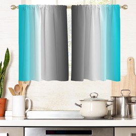 AAtter Turquoise Window Curtains for Kitchen Teal and Grey Aqua White Black Gray Ombre Small Short Home Living Room Bedroom Bathroom Drapes Treatment Tiers Fabric 1 Pair, 27.5" W x 39" L, Gradient
