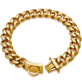 Gold Dog Chain Collar Walking Metal Chain Collar with Design Secure Buckle,18K Cuban Link Strong Heavy Duty Chew Proof for Small Dogs(19MM, 10")