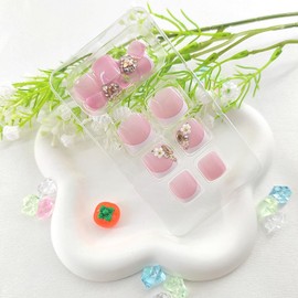 Square Press on Toenails Short White French Tip Toe Nails Press ons with 5D Flower Rhinestones Design Glitter Toenail Stickers Pink Full Cover False Toe Nails Glossy Toenail Glue on for Girls 24Pcs