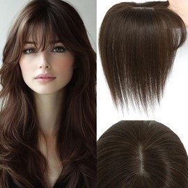 Hair Toppers for Women Real Human Hair， 360° 3D Cover Hair Topper Clip in Bangs 10 Inch Realistic Scalp Pieces for Women with Thinning Crown (Medium Brown, Wispy Bangs)