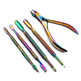 OdontoMed2011 Cuticle Pusher Remover with Cuticle Nipper Cutter Multi Titanium Rainbow Color Stainless Steel Manicure Nail Art Tool Set 5 Pcs ODM