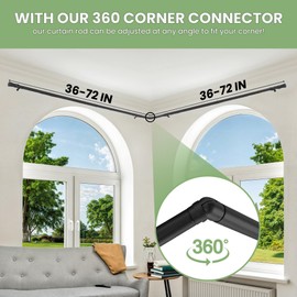 SAIJAX Adjustable Black Corner Curtain Rod 36-72 Inch for Windows – Decorative Curtain Rods with 360° Rotating Connector Fit All Curtain Types/Rooms